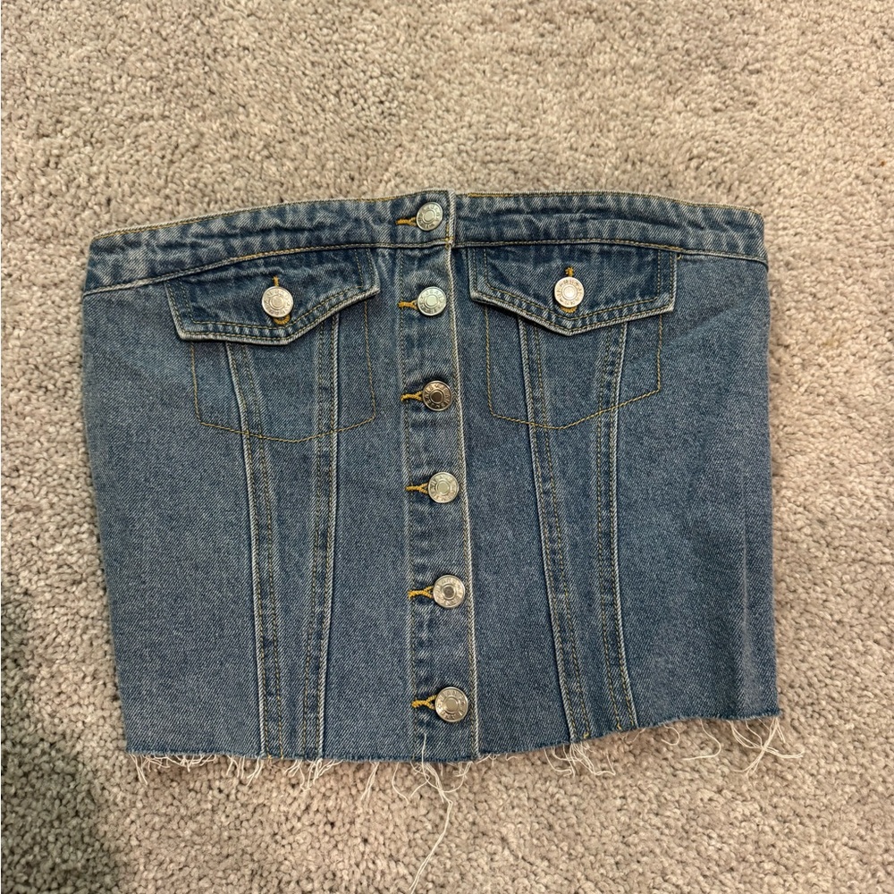 Denim Strapless Button-Up Crop Top